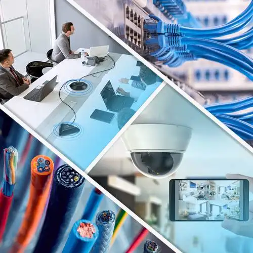Smart meeting room with video conferencing setup.
